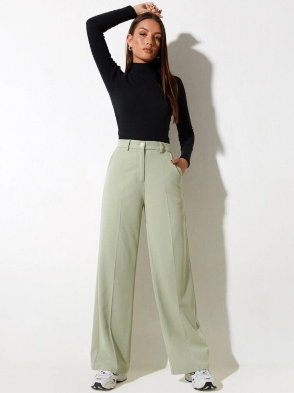 Motel Rocks Wide-Leg High-Waist Abba Trouser Pants in Sage Green Xs